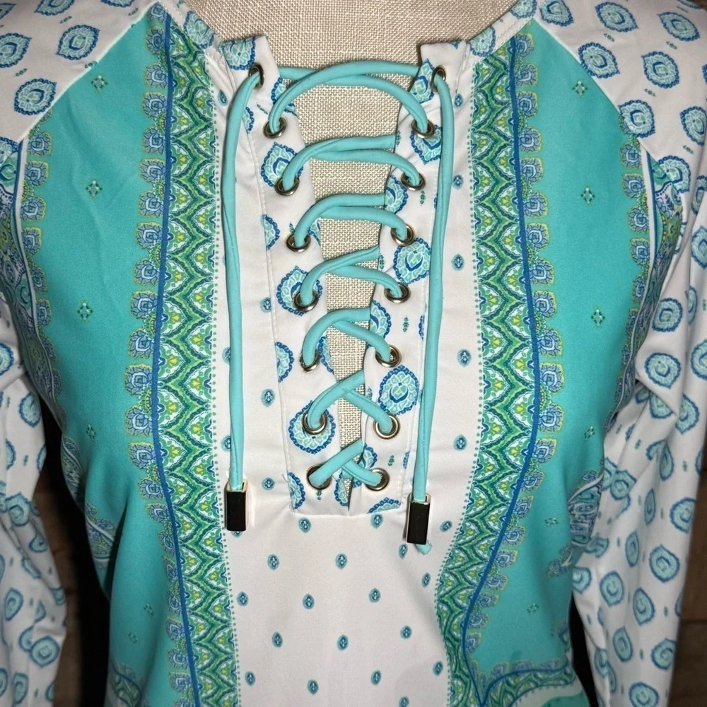 Cabana Life: Women’s Lace Up Long Sleeve Long Sleeve Top size Medium Aqua Sea